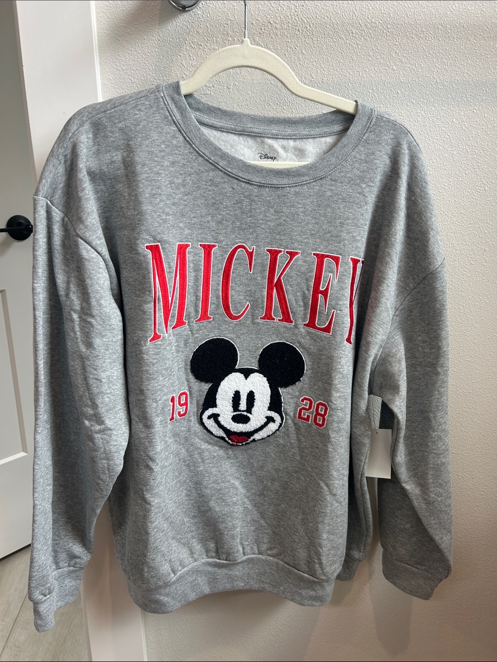 Disney Grey Sweatshirt with Red 'MICKEY' and Black-White Mickey Patch